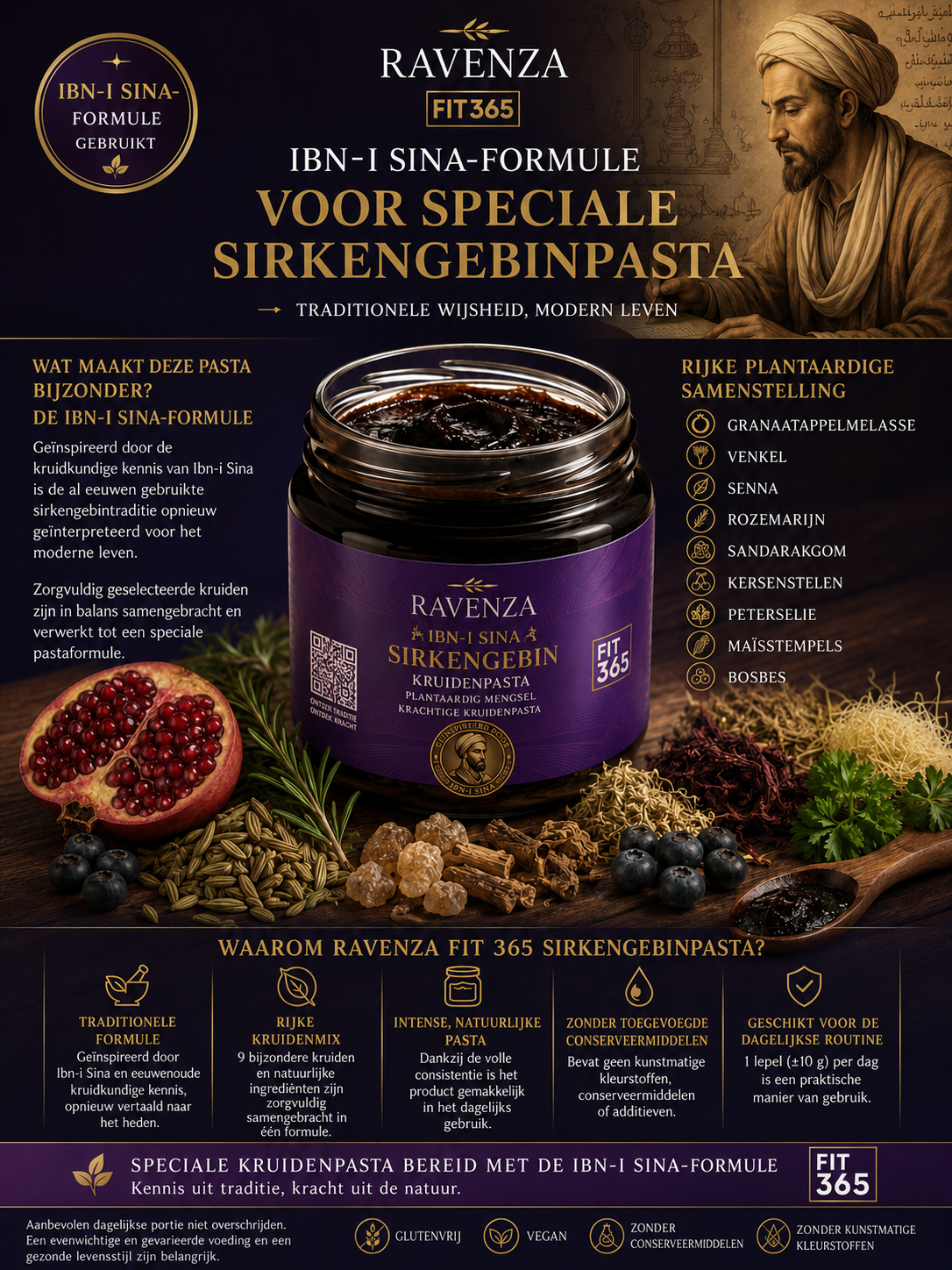 Ravenza İbn-i Sina Sirkencebin – Kruidenpasta met Granaatappelmelasse, Venkel, Rozemarijn, Chia & Quinoa – 240 g