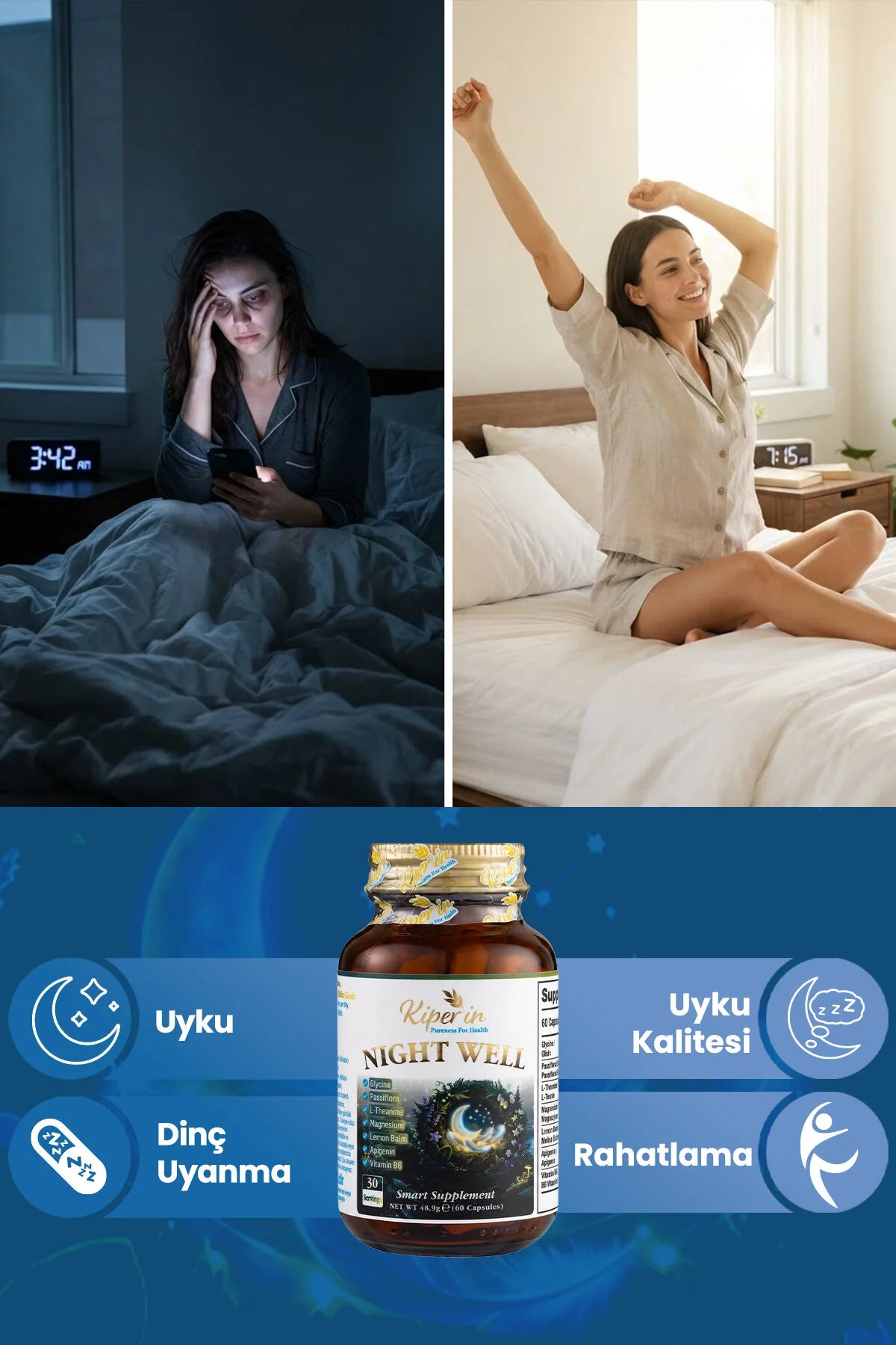 Kiperin Night Well – Magnesium, L-Theanine, Glycine, Passiflora & Vitamine B6 – 60 Capsules – 30 Porties