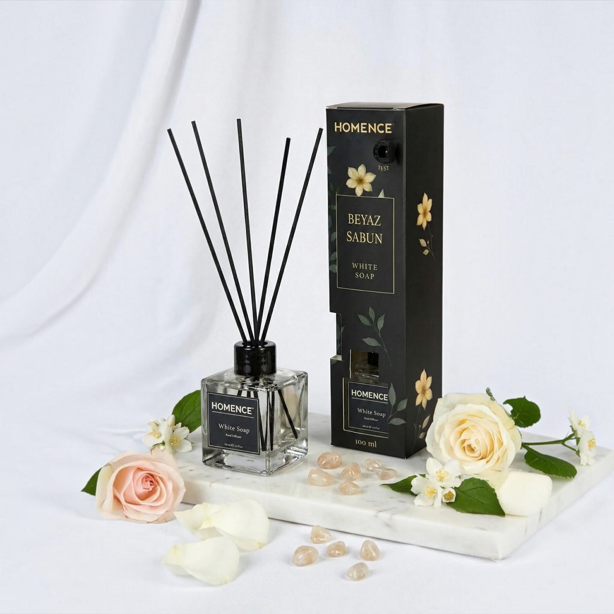 HOMENCE White Soap Reed Diffuser 100 ml – Geurstokjes – Witte Zeep Geur – Citroen, Jasmijn & Musk – Huisparfum