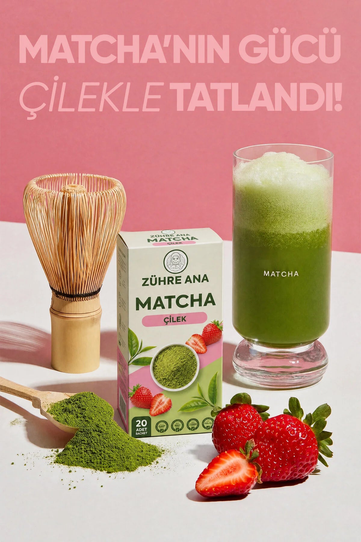 Zühre Ana Matcha Çilek – Groene Thee Kruidenmix met Spirulina & Aardbeiensmaak – 20 Sachets x 8 g