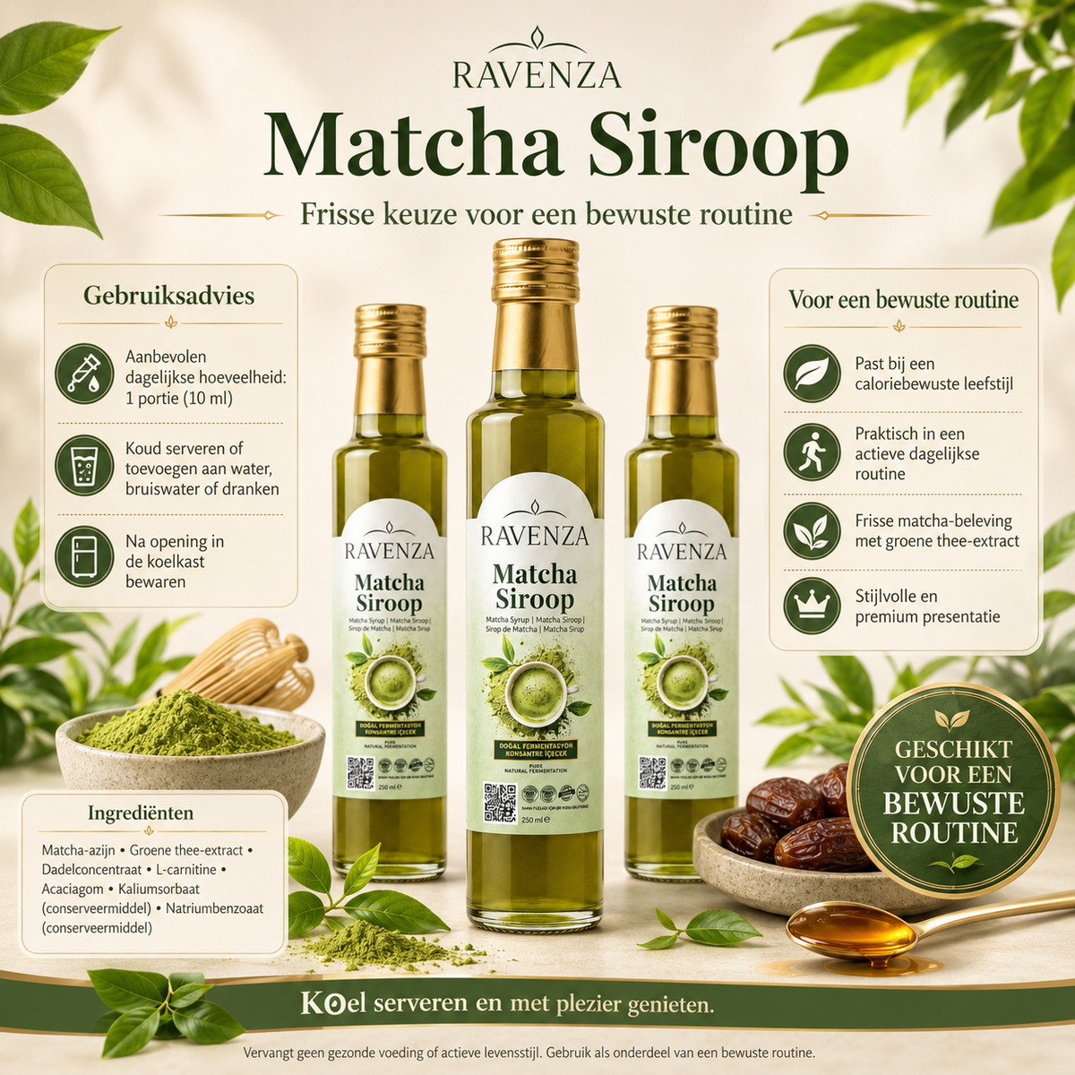 Ravenza Matcha Siroop – Gefermenteerde Matcha Drankconcentraat met Groene Thee-Extract, Dadelconcentraat & L-Carnitine – 250 ml