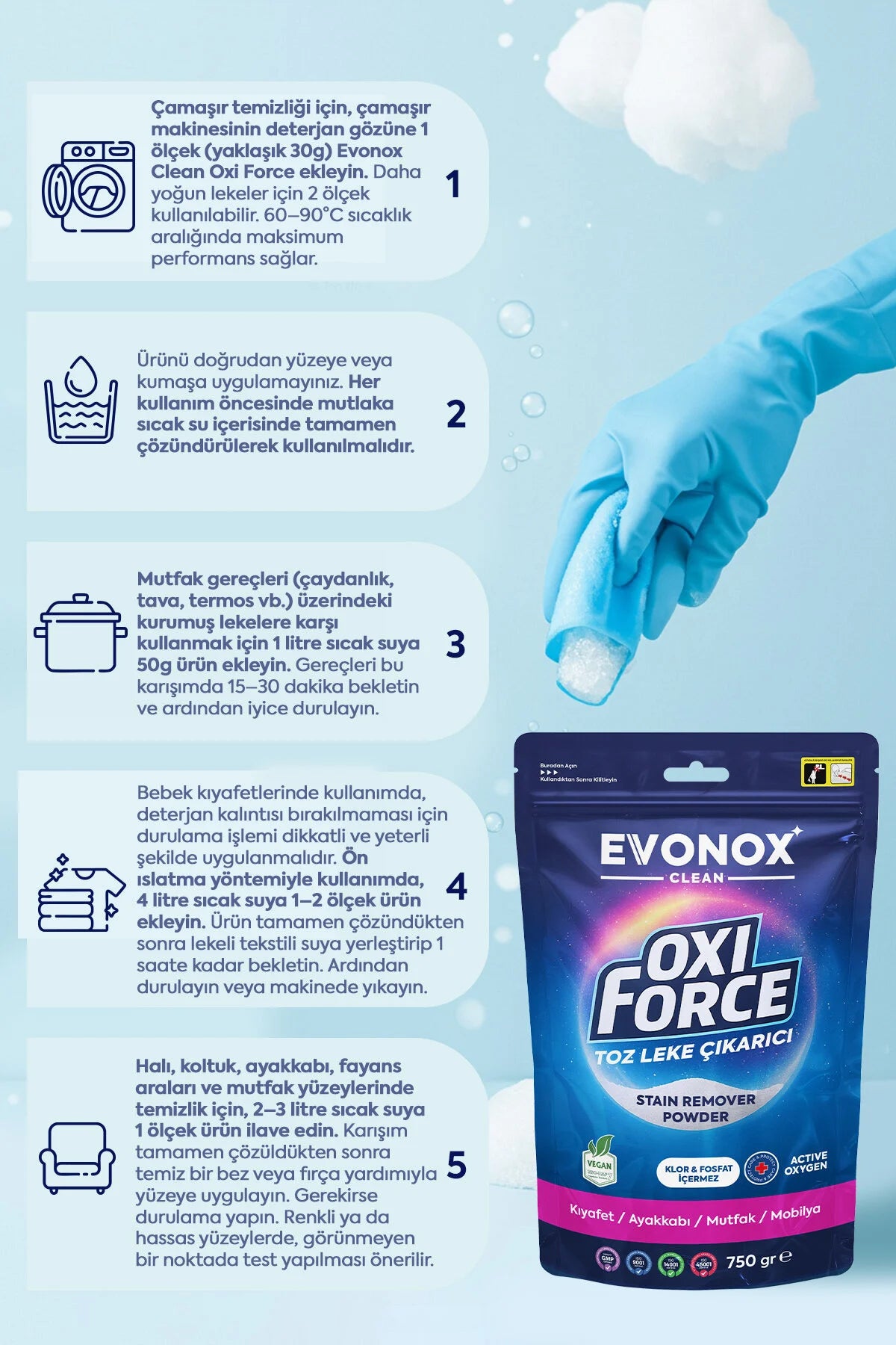 Evonox Clean Oxi Force Vlekverwijderaar Poeder – Zuurstofbleekmiddel – Chloor- & Fosfaatvrij – Voor Wasgoed, Tapijt, Schoenen & Oppervlakken – 750 g