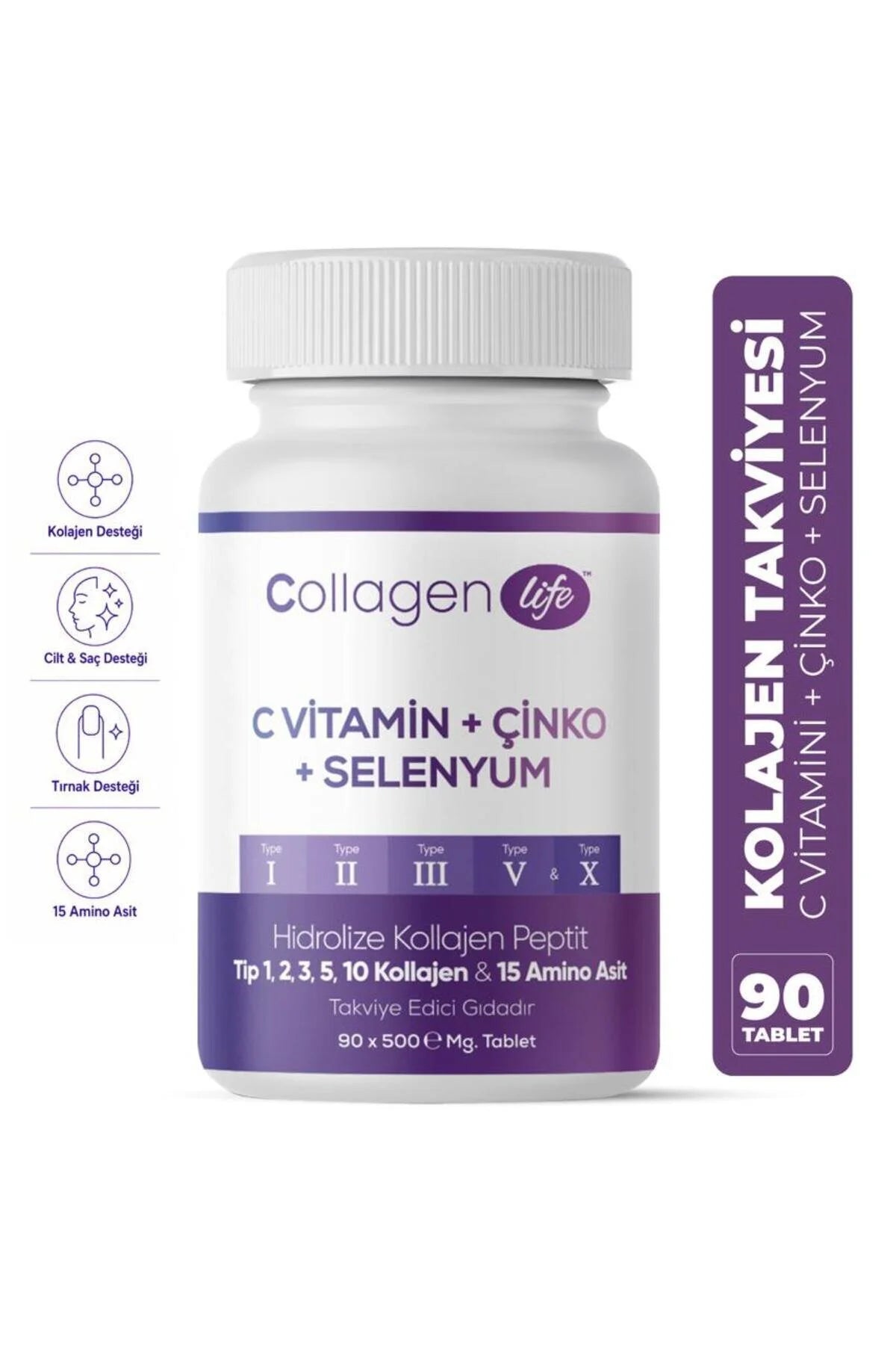 Collagen Life Hydrolyzed Collagen Type I, II, III, V & X met Vitamine C, Zink en Selenium - 90 Tabletten