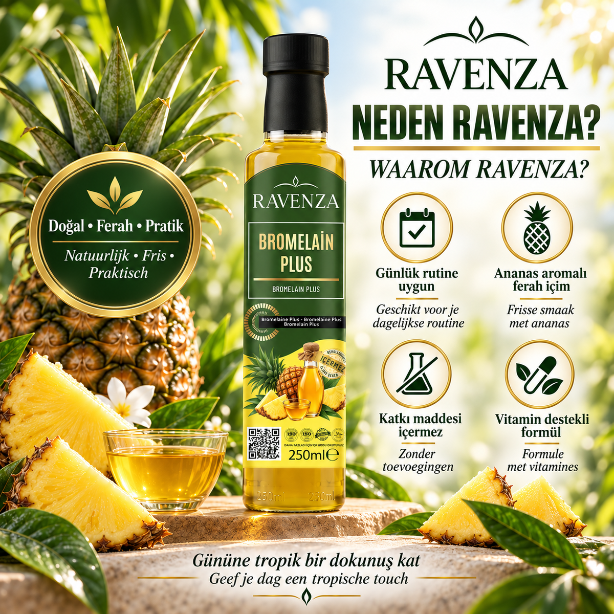 Ravenza Bromelain Plus – Met Bromelaïne, Ananasextract, L-Carnitine, Vitamine C, B2 & B6 – 250 ml