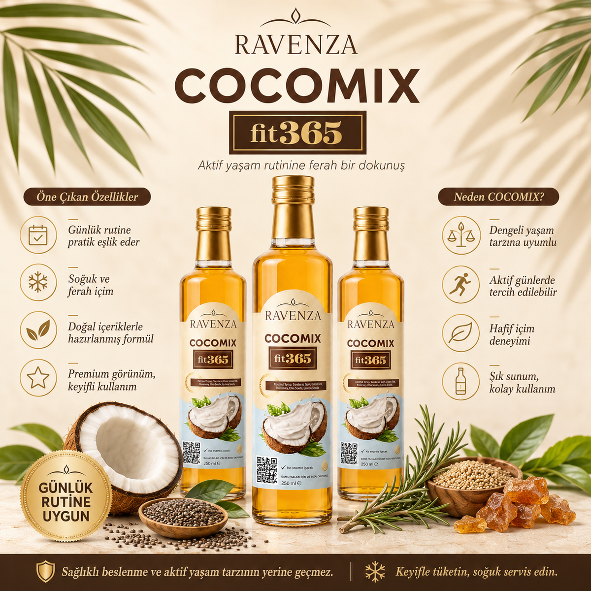 Ravenza Cocomix Fit365 – Kokosdrankconcentraat met Groene Thee, Chiazaad, Quinoa, Rozemarijn & L-Carnitine – 250 ml