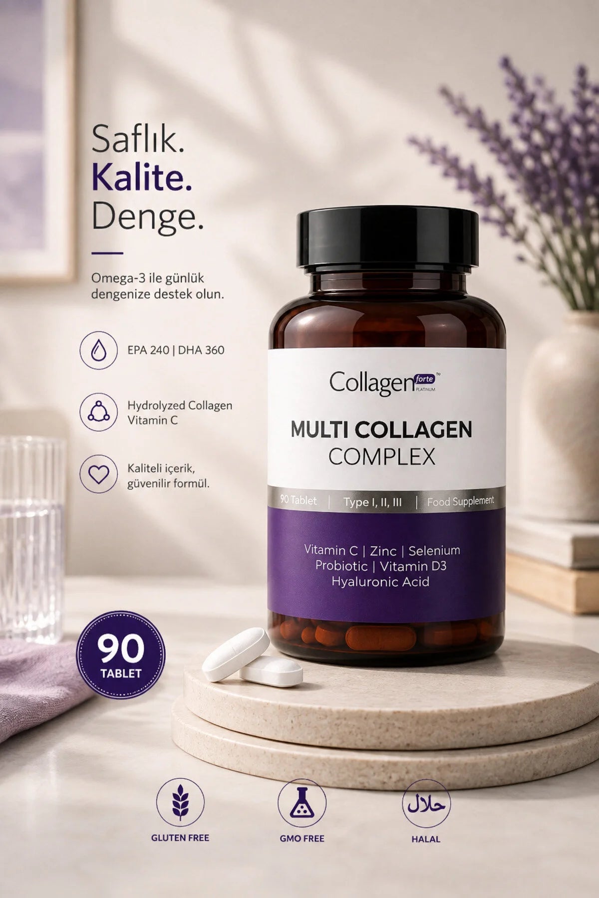 Collagen Forte Platinum Multi Collagen Complex – Type I, II & III – Vitamine C, D3, Zink, Selenium & Hyaluronzuur – 90 Tabletten