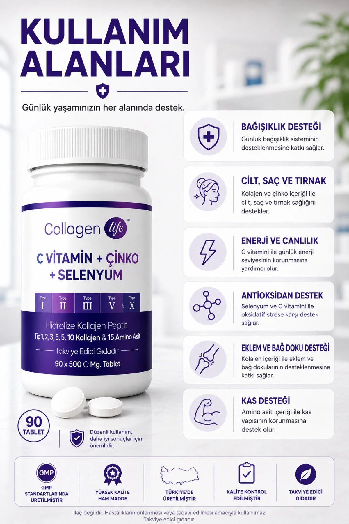 Collagen Life Hydrolyzed Collagen Type I, II, III, V & X met Vitamine C, Zink en Selenium - 90 Tabletten