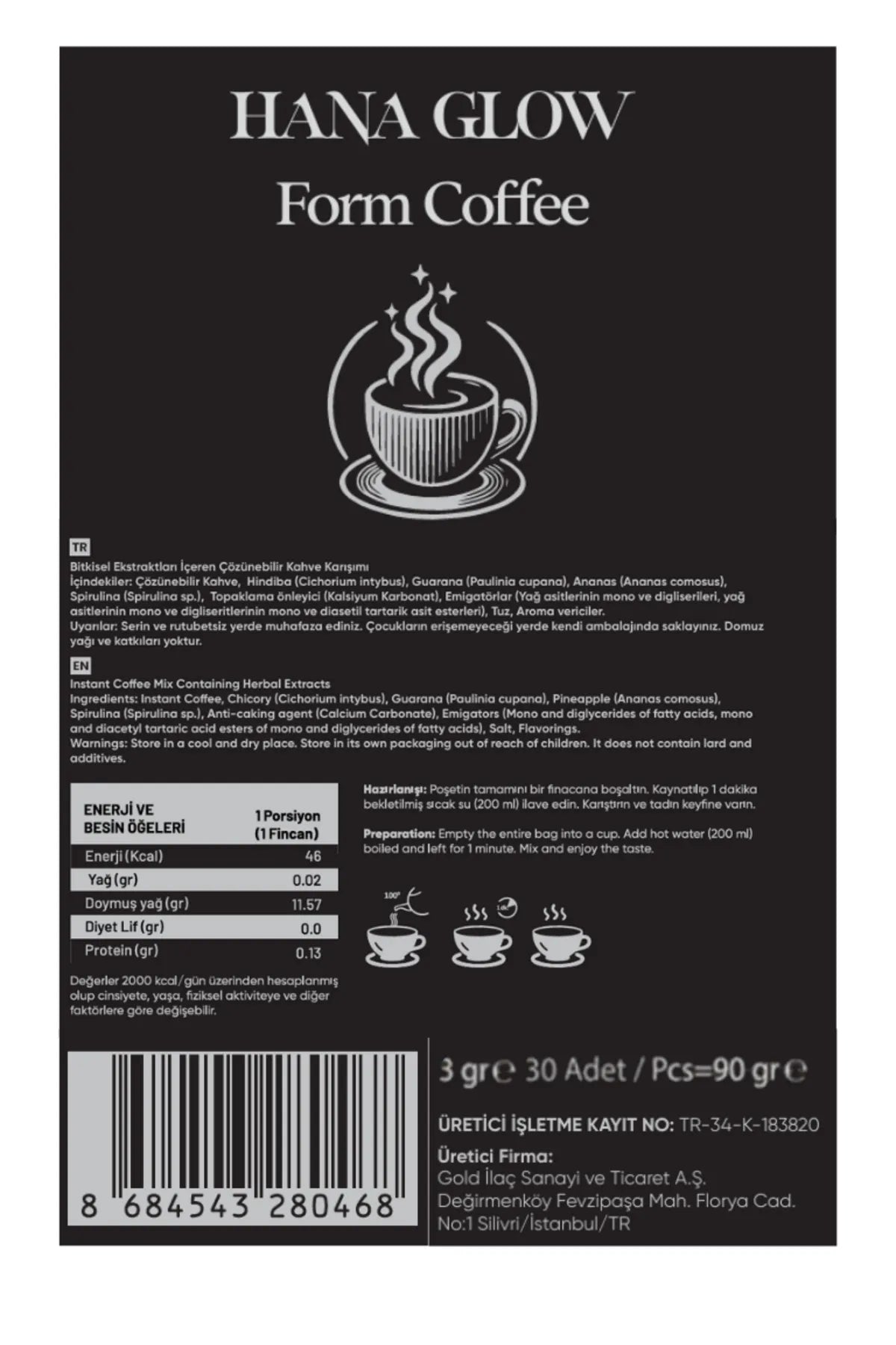 Hana Glow Form Koffie - Detox Dieet met Hinbiba (Cichorei) - Guarana - Bromelaïne en Spirulina - Energieverhoging - Bron van antioxidanten - Versnelling van het metabolisme - Unieke smaak - 3gr x 30 stuks = 90 gr