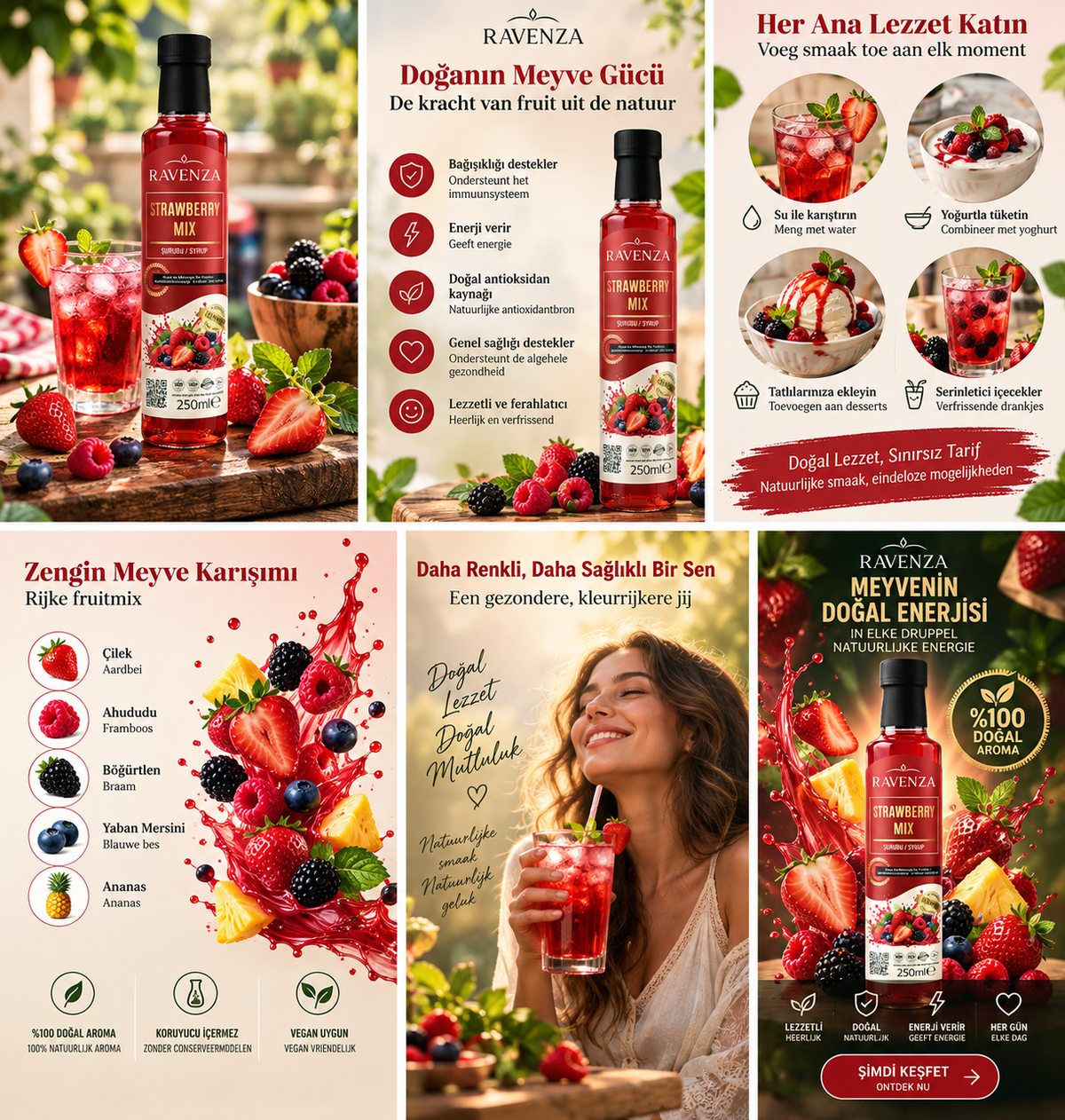 Ravenza Strawberry Mix – Aardbeienmix Siroop met Aardbei, Framboos, Braam & Blauwe Bes – Met L-Carnitine, Vitamine C, B2, B6 & Q10 – 250 ml