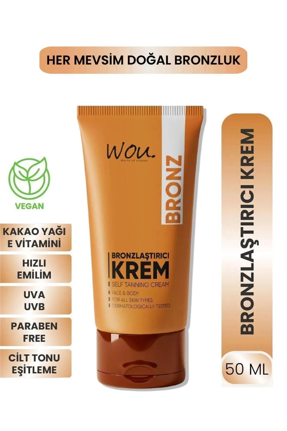 Wou World of Unique Sunless Bronzing and Moisturizing Cream - Zelfbruinend creme - Bronzer Effect - Gezicht & Lichaam - Cacaoboter + Vitamine E - UVA/UVB bescherming - Dermatologisch getest - Alle huidtypen - 50 ml