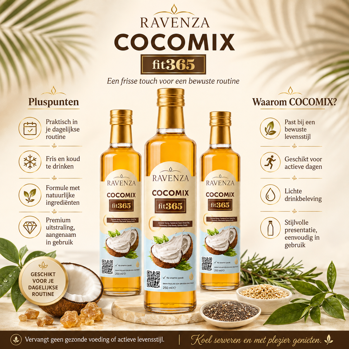 Ravenza Cocomix Fit365 – Kokosdrankconcentraat met Groene Thee, Chiazaad, Quinoa, Rozemarijn & L-Carnitine – 250 ml