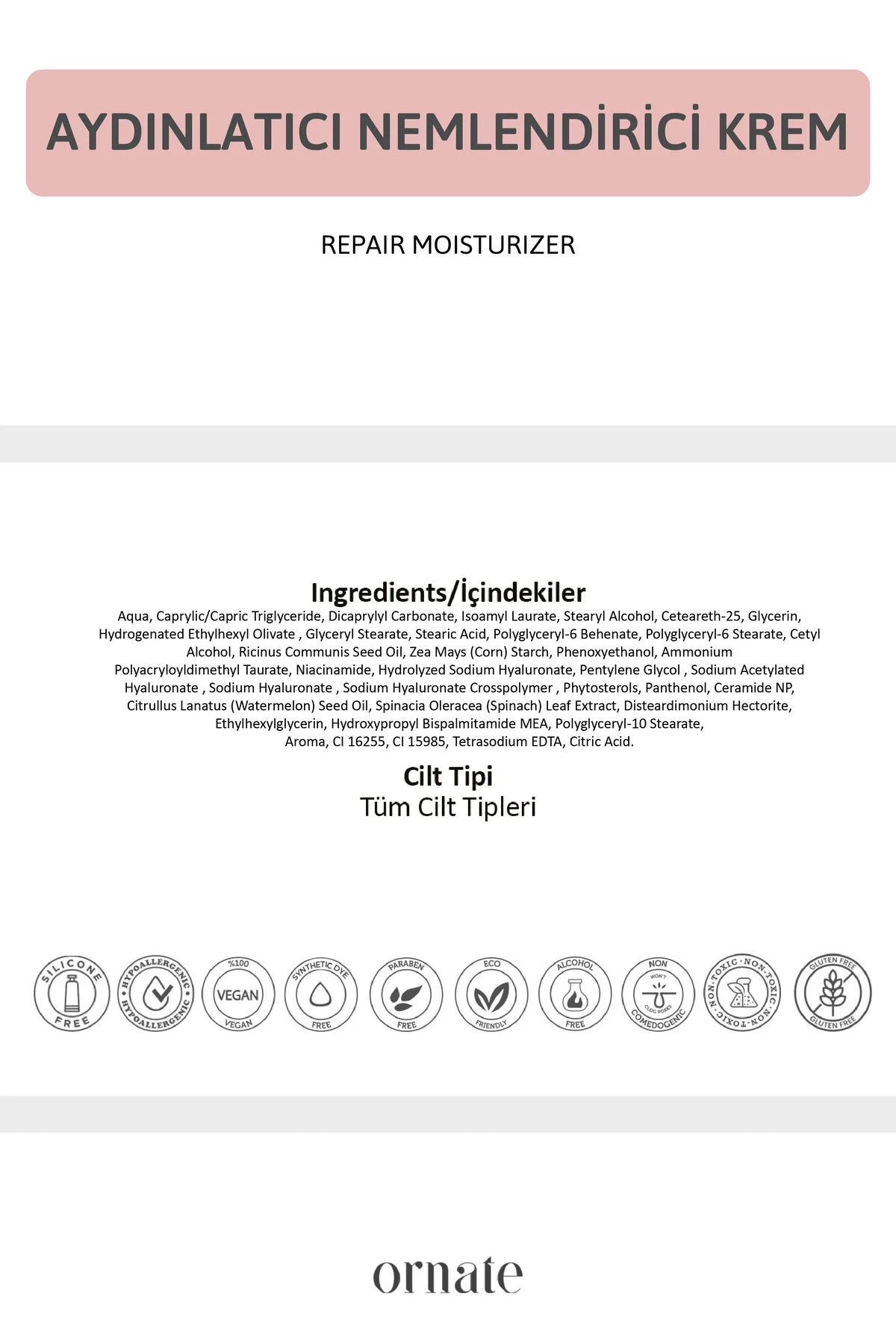 Ornate Repair Moisturizer Cream - Hydraterende & Verhelderende Gezichtscrème op waterbasis - Watermeloen - Spinazie - Ceramide - Peptiden - Niacinamide & 4D Hyaluronzuur - Alle huidtypen -50 ml