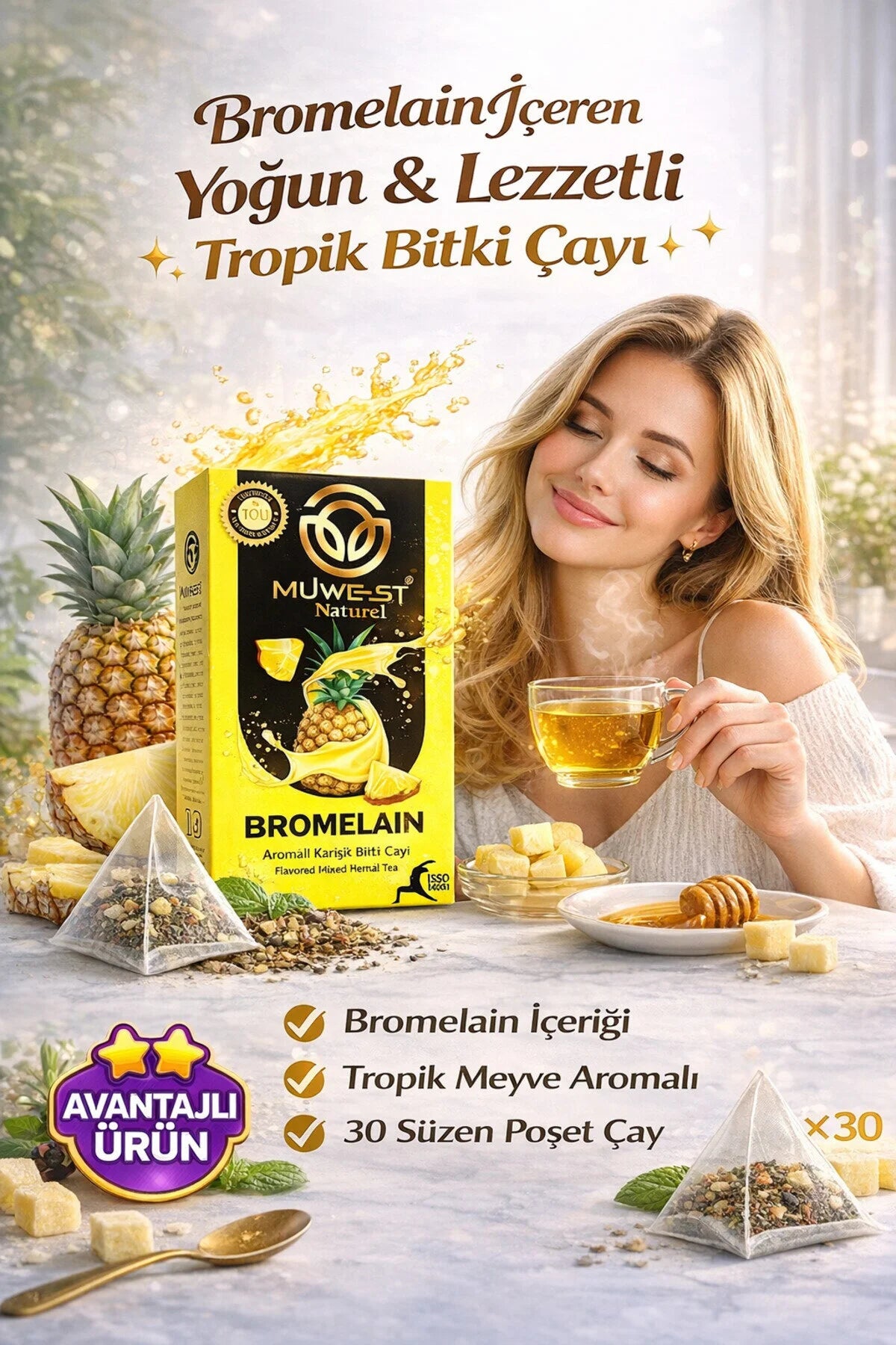 Muwest Natural Bromelaïne Kruidenthee 30 Theezakjes – Groene Thee met Venkel, Anijs & Ananas Aroma – Natuurlijke Theemelange