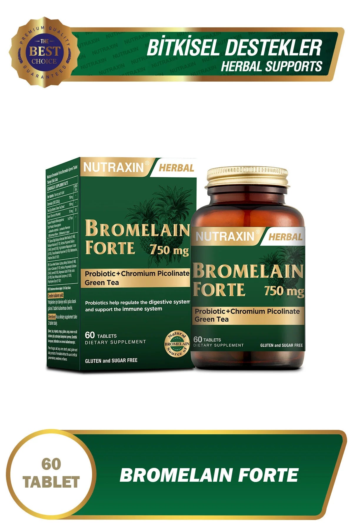 Nutraxin Bromelain Forte 750 mg – met Groene Thee, Chroom & Probiotica – 60 Tabletten – Glutenvrij & Suikervrij