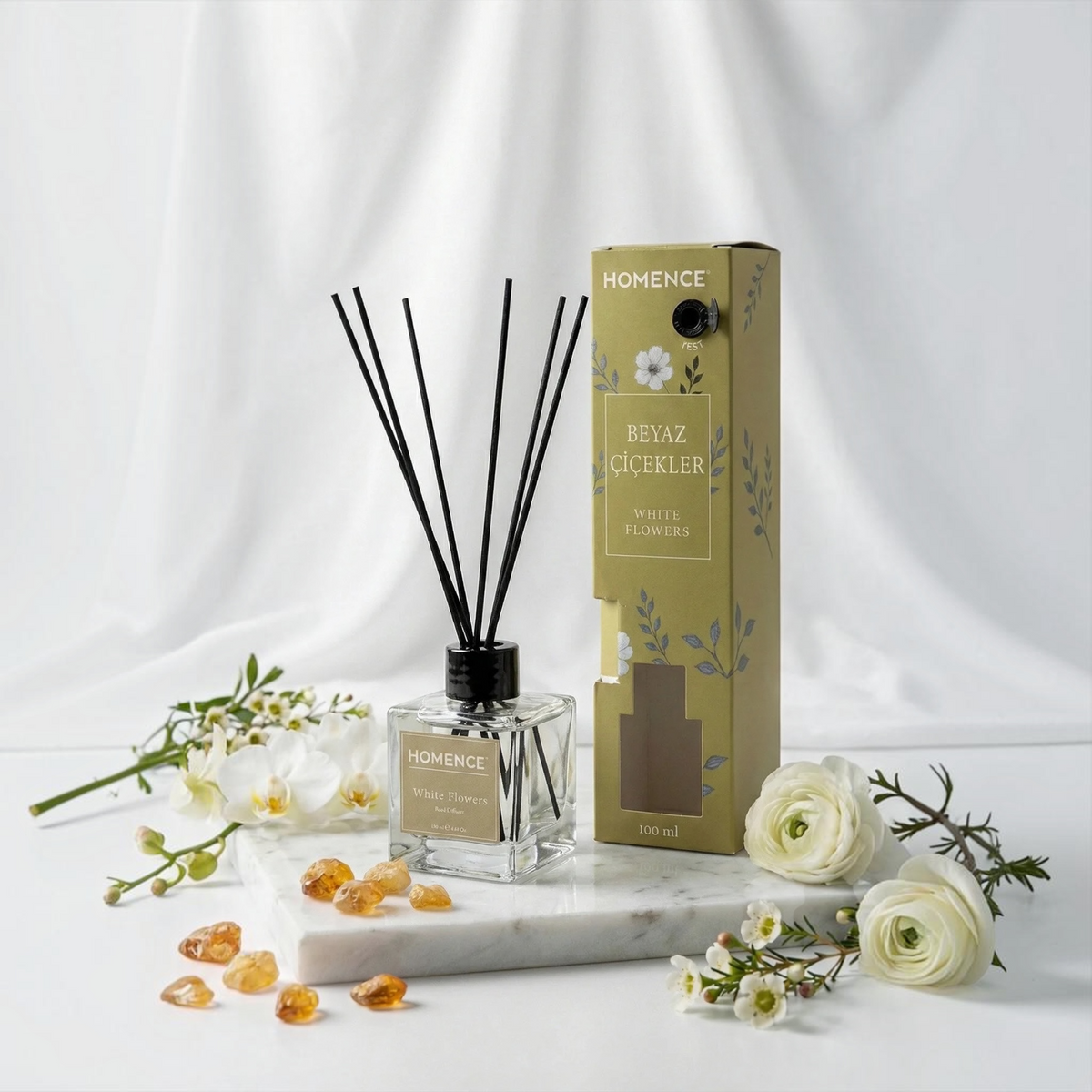 Homence White Flowers Geurstokjes – Reed Diffuser met Witte Bloemen – Bergamot, Roos, Gardenia, Sandelhout & Amber – 100 ml