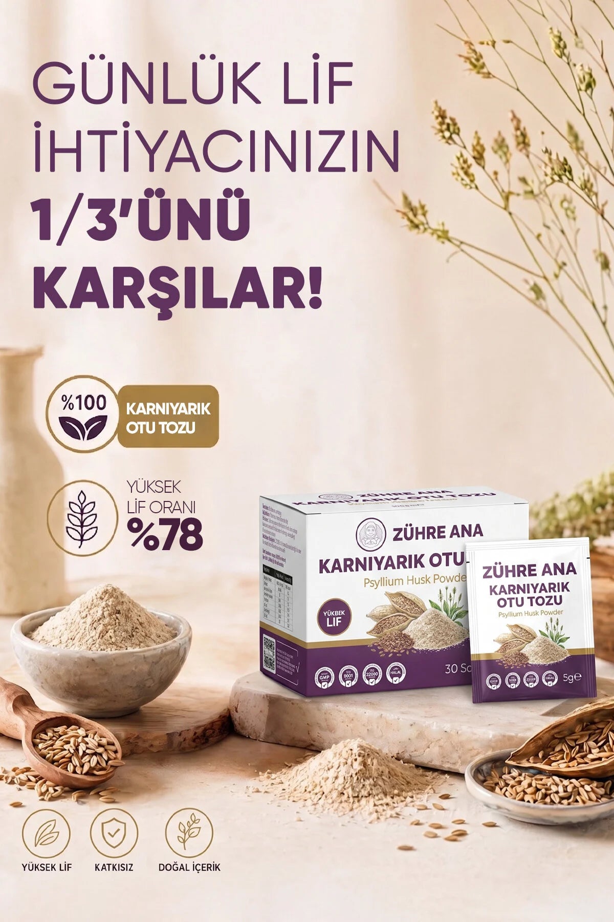 Zühre Ana Psyllium Husk Powder – Karnıyarık Otu Tozu – Yüksek Lif – Vegan – 30 Sachets x 5 g
