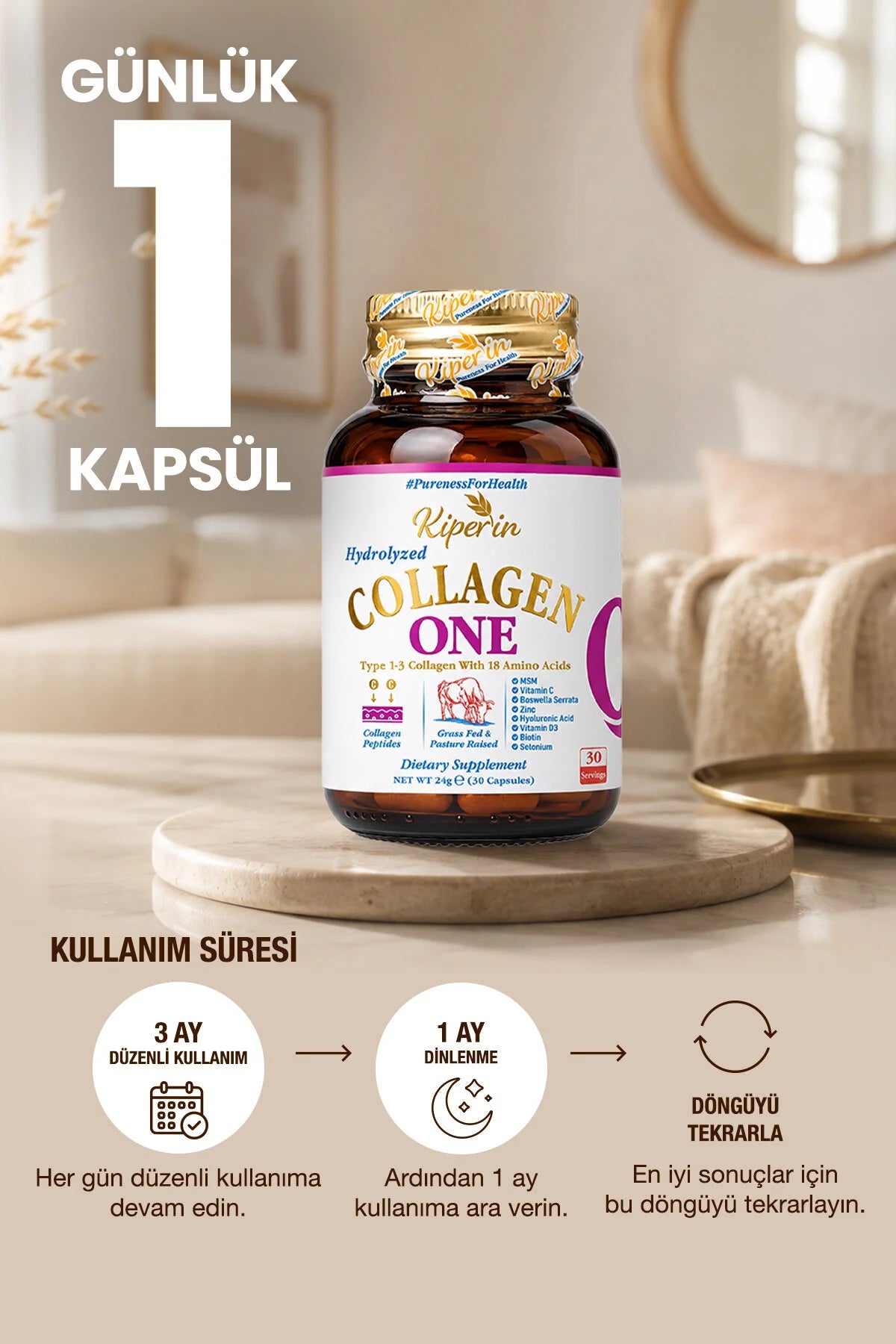 Kiperin Collagen One – Gehydrolyseerd Collageen Type 1 & 3 – met MSM, Vitamine C, D3, Biotine, Zink & Hyaluronzuur – 30 Capsules