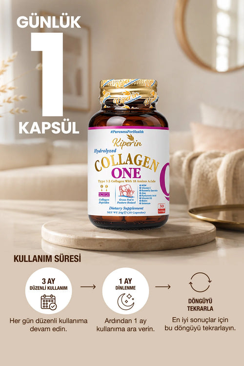 Kiperin Collagen One – Gehydrolyseerd Collageen Type 1 & 3 – met MSM, Vitamine C, D3, Biotine, Zink & Hyaluronzuur – 30 Capsules
