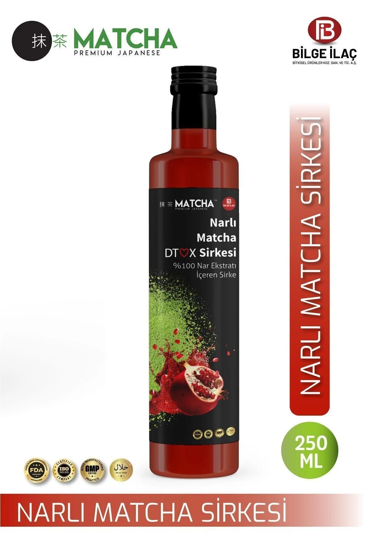 Matcha Premium  Nar Ekşili Sirke – Nar (%25) & Yeşil Çay Matcha Ekstreli – Hibiskus ve Mate Yapraklı – 250 ml