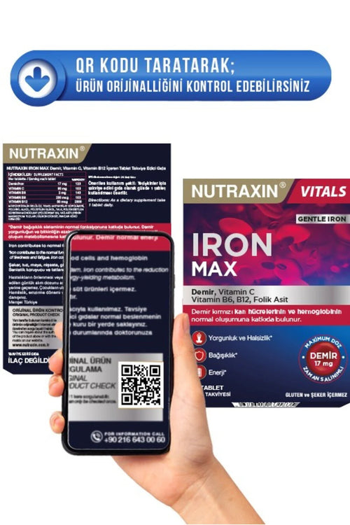 Nutraxin Vitals Iron Max – IJzer 17 mg met Vitamine C, B6, B12 & Foliumzuur – Gentle Iron – 30 Tabletten