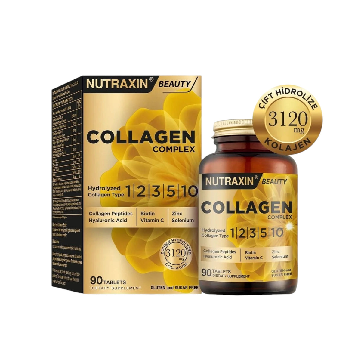 Nutraxin Beauty Collagen Complex – Collageen Type 1, 2, 3, 5 & 10 – met Hyaluronzuur, Biotine, Vitamine C, Zink & Selenium – 90 Tabletten