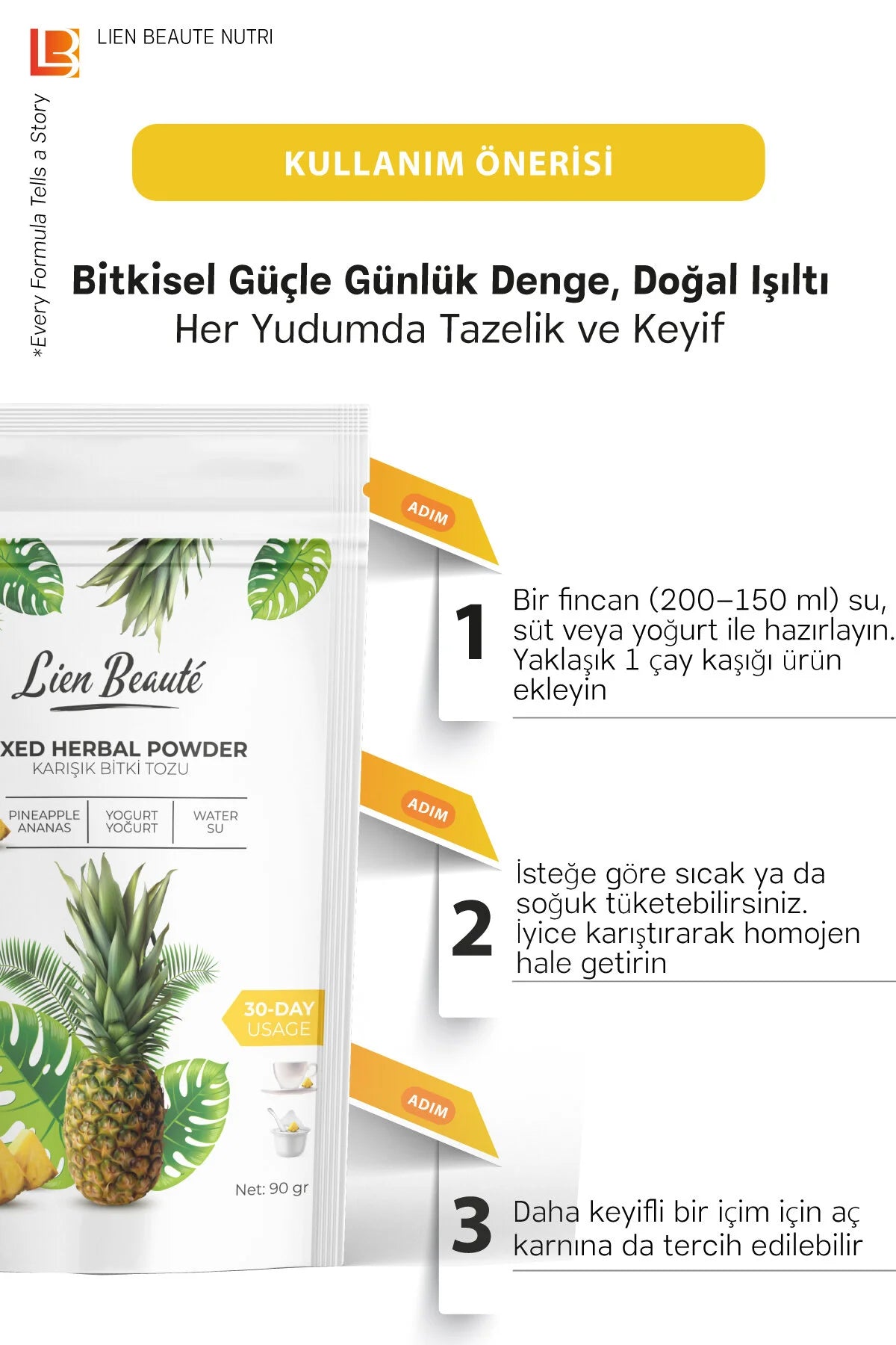 Lien Beauté Mixed Herbal Powder Ananas 90 g - Kruidenpoeder met Groene Thee & Mate - 30 Dagen Gebruik