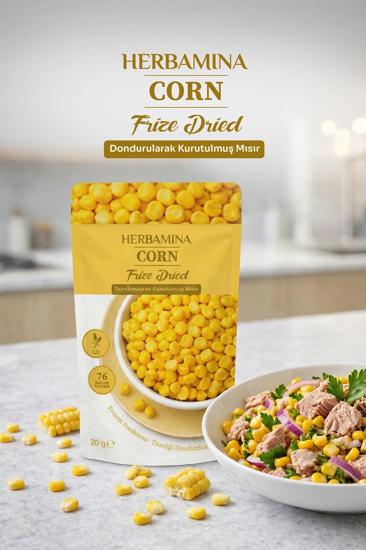 Herbamina Gevriesdroogde Maïs Snack – Freeze Dried Corn 20g – 100% Maïs – Knapperige Groentesnack – Vegan