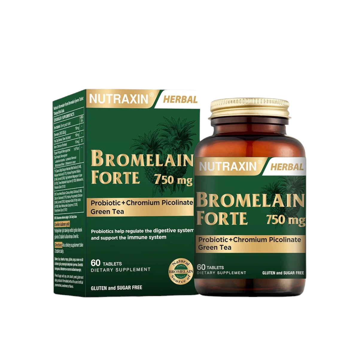 Nutraxin Bromelain Forte 750 mg – met Groene Thee, Chroom & Probiotica – 60 Tabletten – Glutenvrij & Suikervrij
