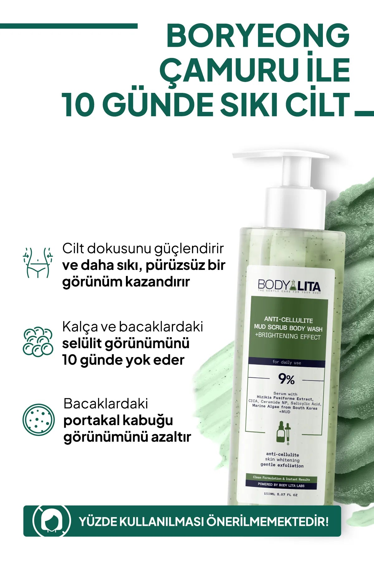 BodyLita Anti-Cellulite Permanente oplossing voor cellulitis met 9% Serum Mud Scrub Body Wash Gel + Brightening (Verhelderend) Effect Schone formule & Directe resultaten - Aangedreven door Body Lita Labs - Vermindert cellulitis in 10 dagen - 150 ml