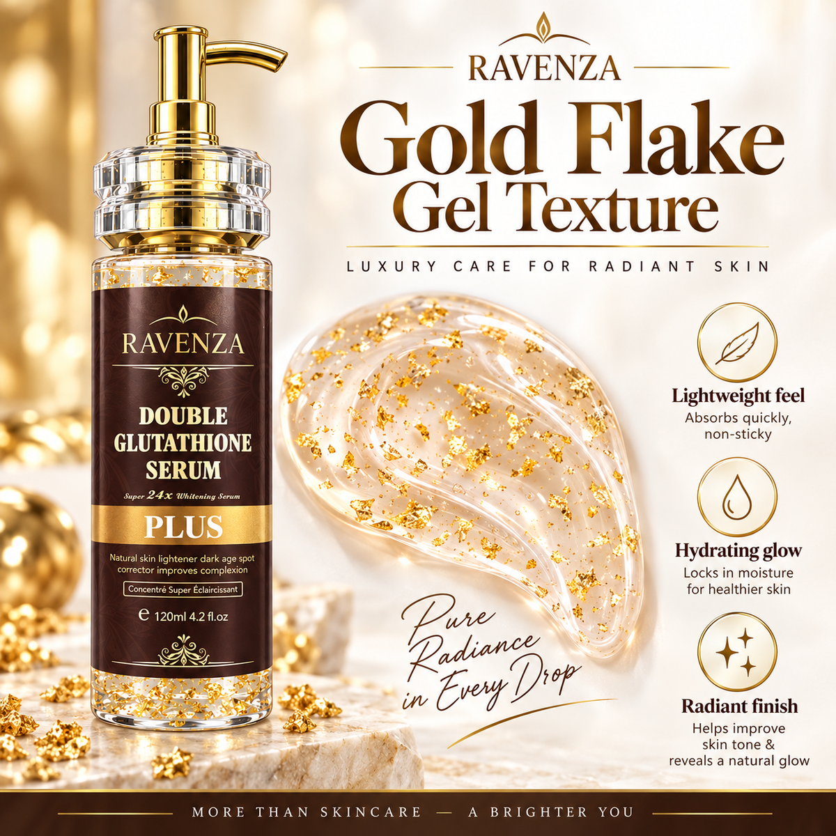 Ravenza Double Glutathione Serum Plus – Gezichtsserum met 24K Gold, Kojic Acid, Niacinamide, Vitamine C & Hyaluronzuur – 120 ml