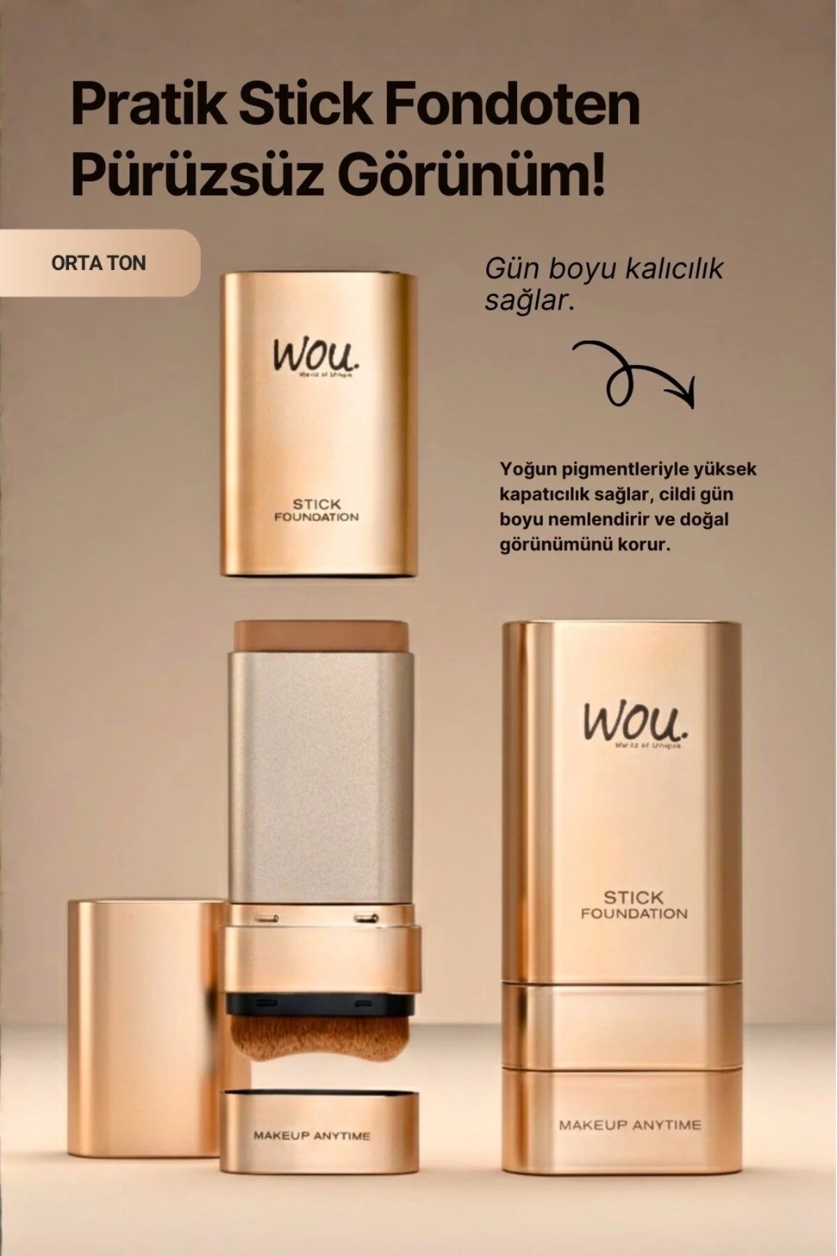 WOU Stick Foundation Medium – Foundation Stick met Geïntegreerde Make-upkwast – Medium / Orta Ton – Hoge Dekking – 20 g