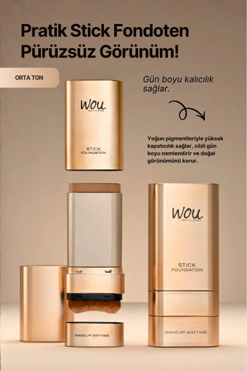 WOU Stick Foundation Medium – Foundation Stick met Geïntegreerde Make-upkwast – Medium / Orta Ton – Hoge Dekking – 20 g