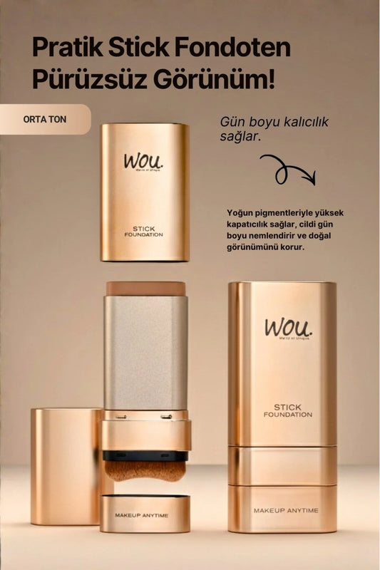 WOU Stick Foundation Medium – Foundation Stick met Geïntegreerde Make-upkwast – Medium / Orta Ton – Hoge Dekking – 20 g