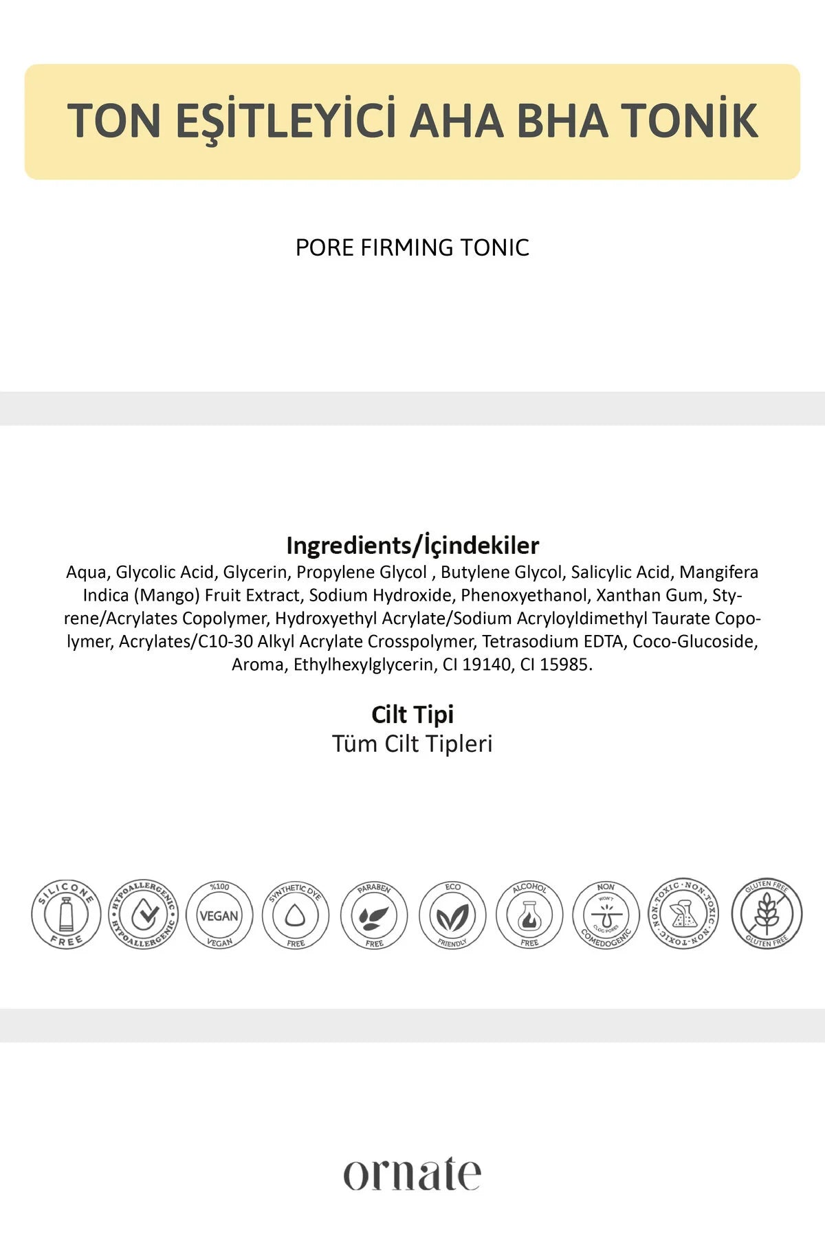 Ornate AHA BHA Pore Firming Tonic 200 ml – Glycolic Acid & Salicylic Acid – Mango Extract – Gezichtstoner