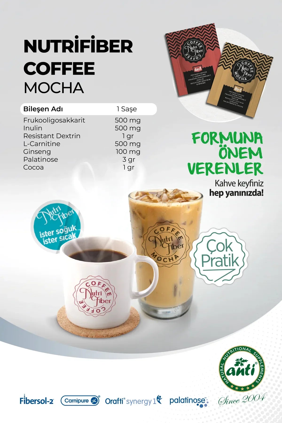 Nutrifiber® Koffie Mocha 8 in 1 Detox Koffie - Cichorei Instant Koffie - Dagelijkse verzelbenodigheid - Probiotische Effect - Vetbverbranding - Inuline - L-carnitine - Dieet - Ginseng - Cacao - 10 stuks