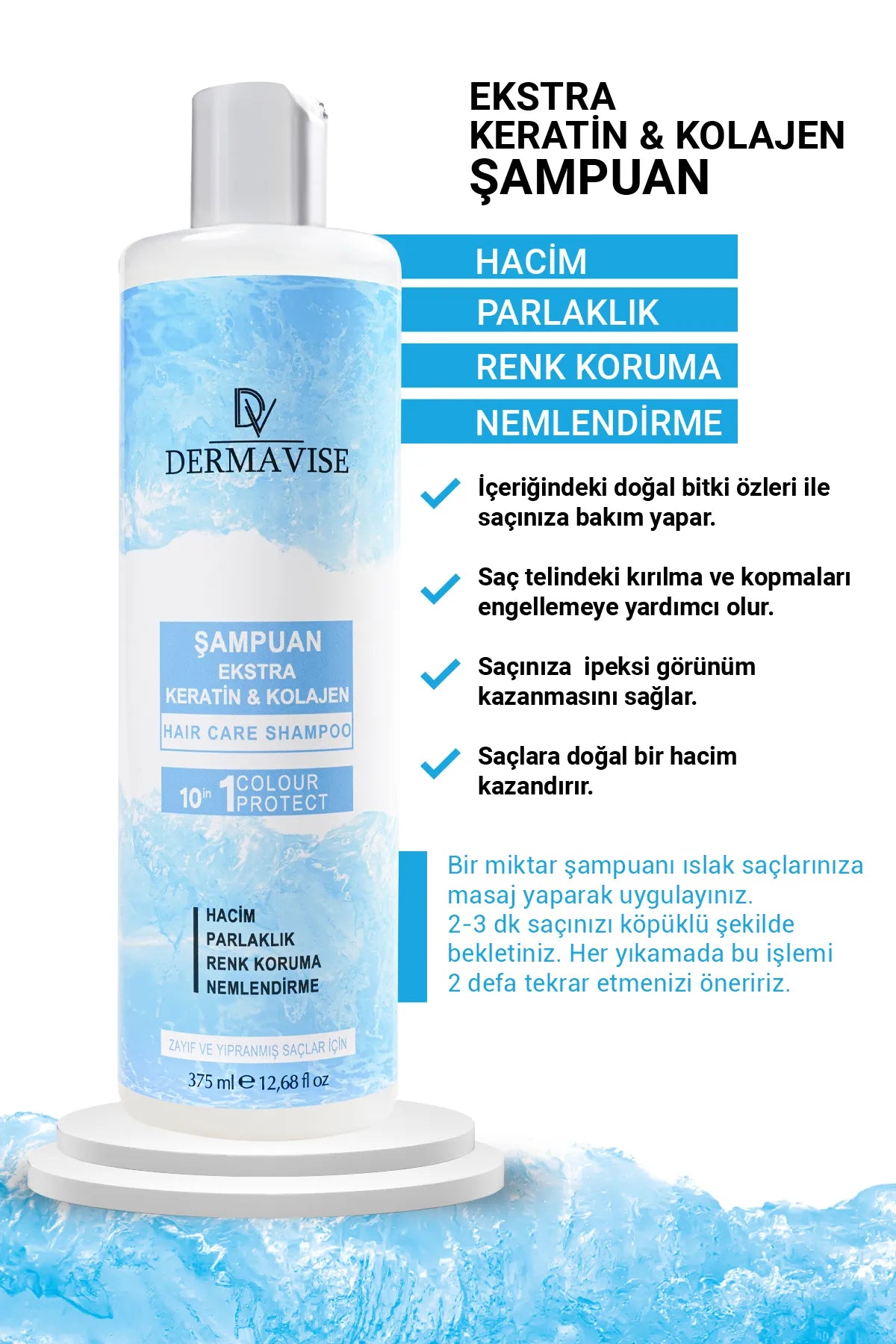 Dermavise Keratine & Collageen Shampoo - 10 in 1 Kleurbescherming - Volume - Helderheid - Hydraterend - Voor Zwak en Beschadigd Haar - Voor Alle haartypes - 375 ml