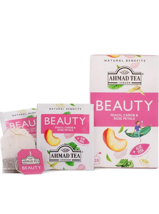 Ahmad Tea London "Beauty"- infusie van perzik - johannesbrood en rozenblaadjes + Aloë Vera - Helpt een gezonde huid te behouden - 20 Theezakjes