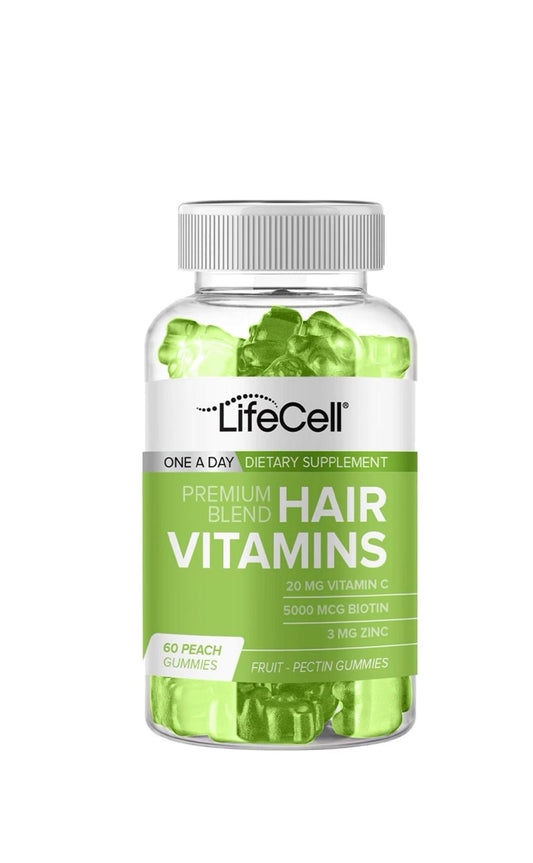 LifeCell Hair Vitamins Premium blend - Fruit 60 Pectin Gummies - Kauwbare Haarvitamine – Supplement met Biotine Zink en Vitamine A+B12+C+E - Levendiger sterker en gezonder haar - Nagel versterken - Snellere haargroei - Haaruitval - 60 Perzikgummies