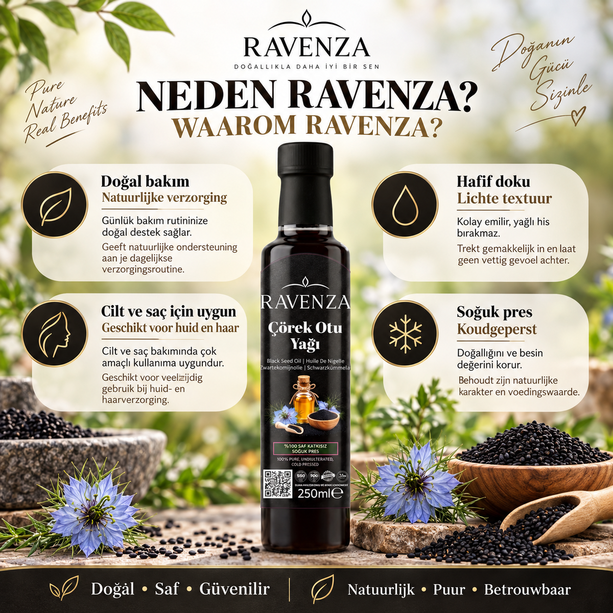 Ravenza Çörek Otu Yağı – 100% Pure Zwartekomijnolie – Koudgeperst – Zonder Toevoegingen – 250 ml