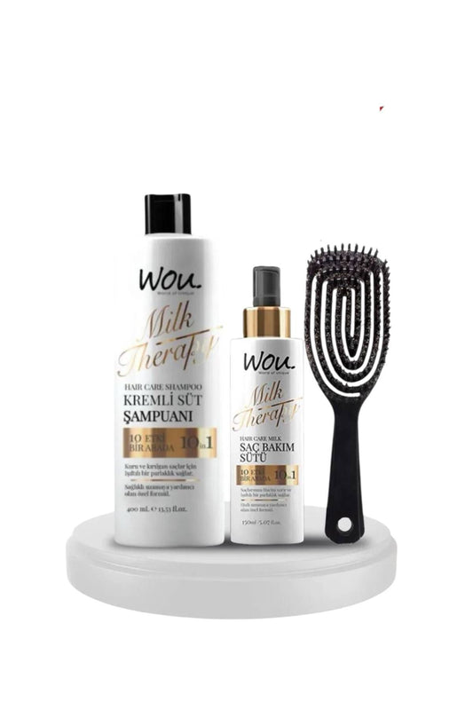 WOU World of Unique Milk - Luxe Cadeau Set 3 in 1 - Milk Therapy Haarverzorgingsshampoo 400 ml - 10 effecten in 1 - Het voedt en beschermt haar - Stralende glans - Gezonde groei - Milk Therapy Haarverzorgingsmelk 150 ml / luxe kam cadeau