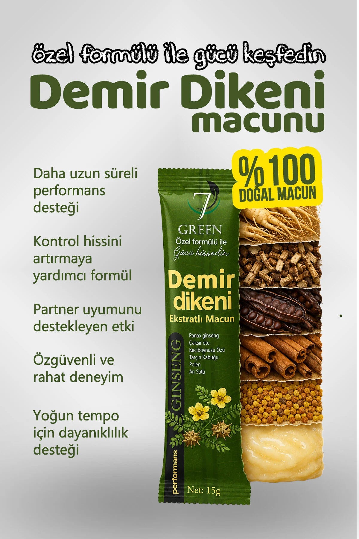 7 Green Demir Dikeni Ekstraktlı Macun – Panax Ginseng, Çakşır Otu, Keçiboynuzu Özü, Polen & Arı Sütü