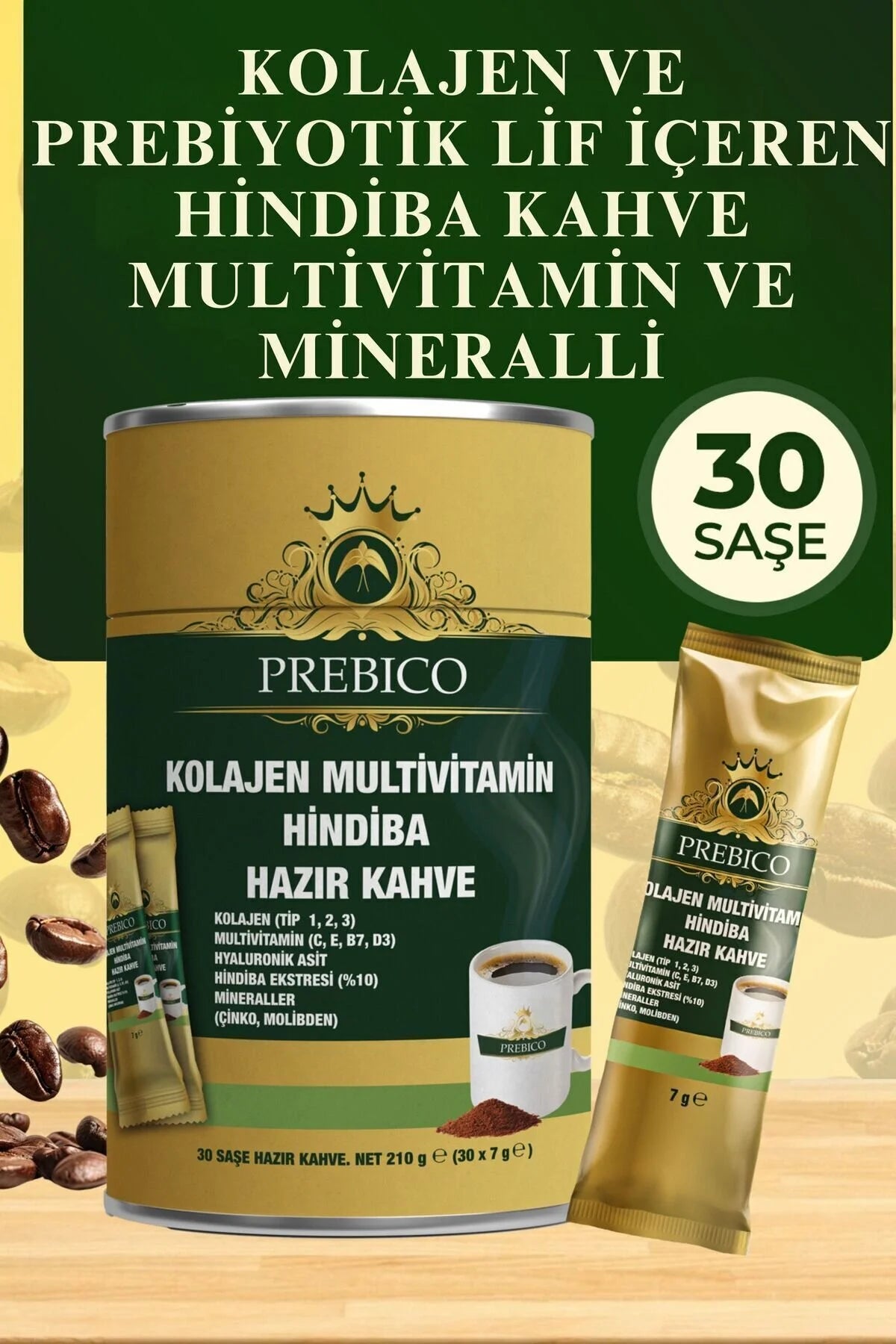 Prebico Coffee - Collageen & Multivitamine Chicoreikoffie (Hindiba) met Hyaluronzuur - Prebiotische Inulinevezels - Vitamine C/E/B7/D3 - Zink & Molybdeen (Mineralen) - Suikervrij & Glutenvrij - 30 Sachets (210 g)
