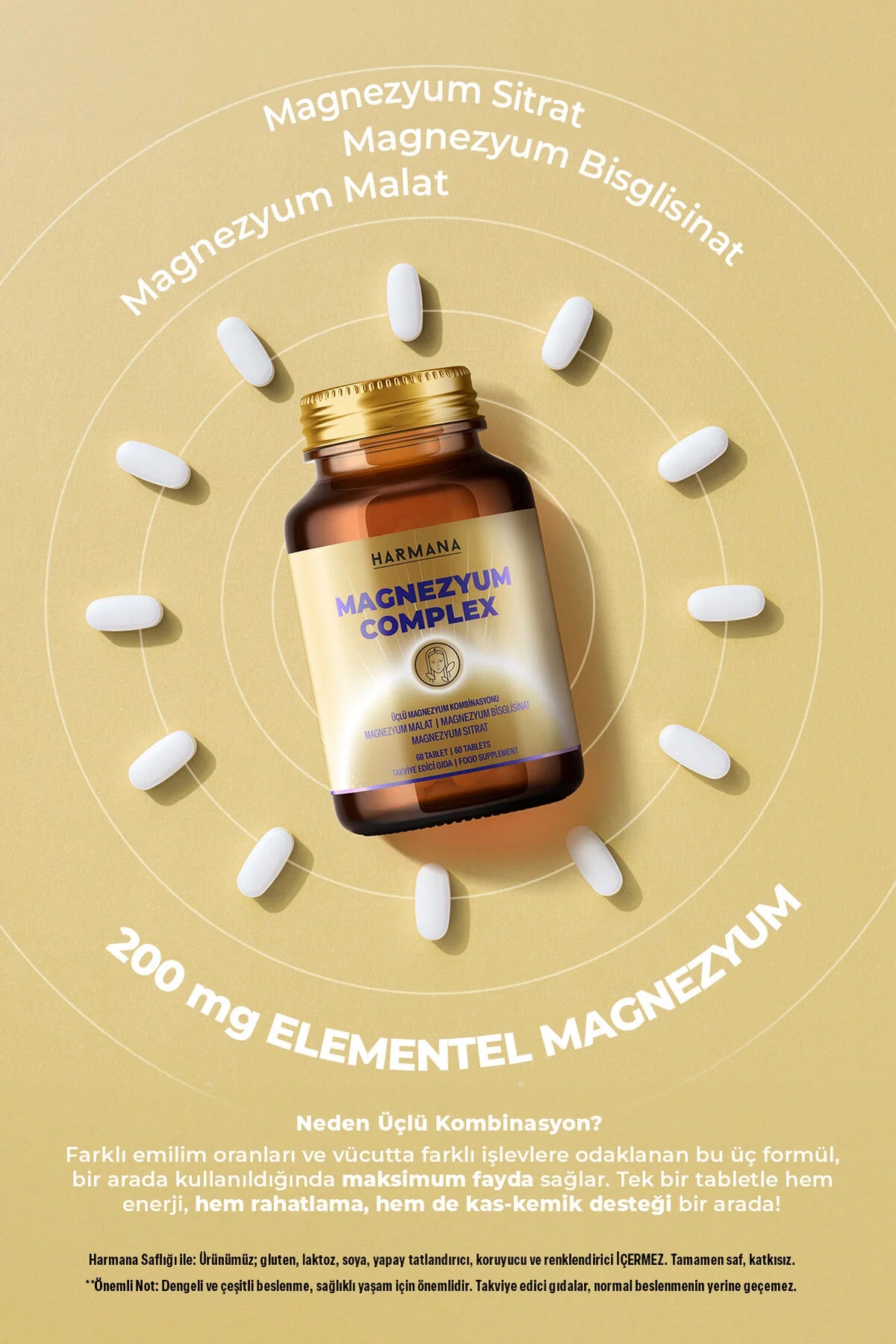 Harmana Magnesium Complex – Magnesium Citraat, Malaat & Bisglycinaat – 200 mg Magnesium – 60 Tabletten