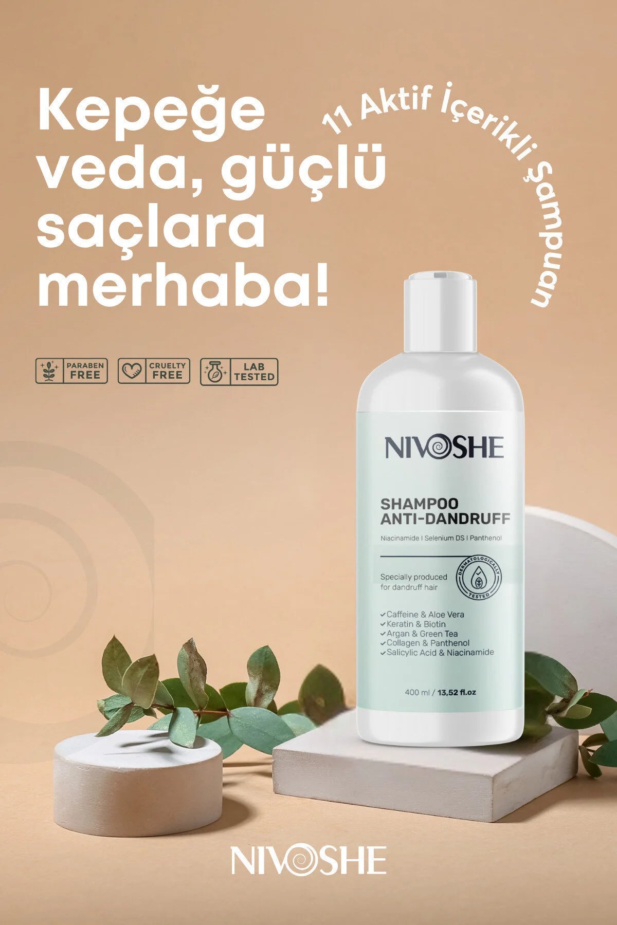 Nivoshe Anti-Roos Shampoo - 11 Actieve Anti-Roos - Tegen Roos & Haaruitval - Met Caffeine/Biotine/Keratine/Arganolie/Groene Thee/Collageen/Panthenol/Salicylzuur/Niacinamide/Aloë Vera & Selenium - Dermatologisch getest - 400 ml