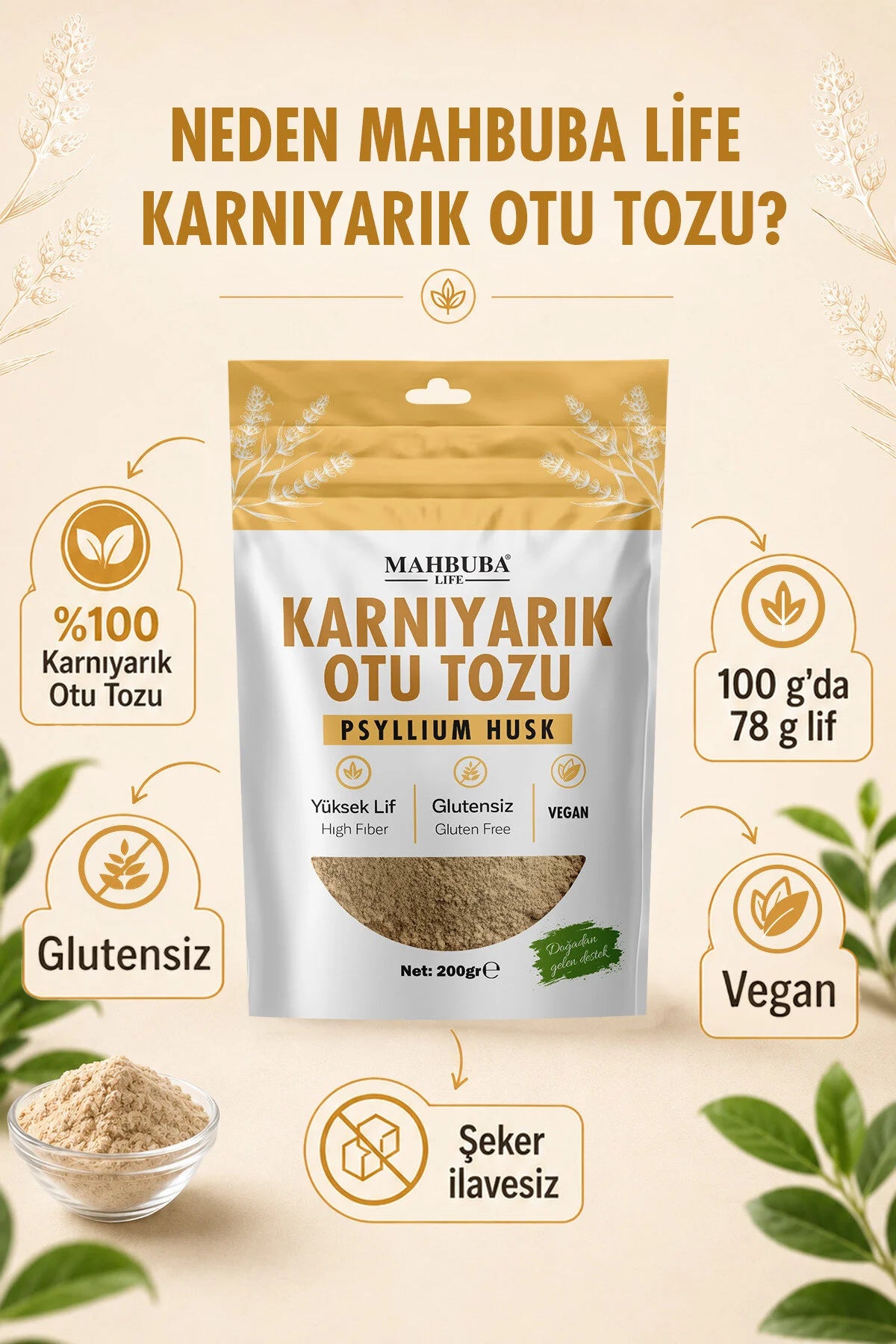 Mahbuba Life Psyllium Husk Powder – Psylliumvezels / Vlozaadvezels – Glutenvrij & Vegan – Vezelrijk – Zonder Toegevoegde Suiker – 200 g