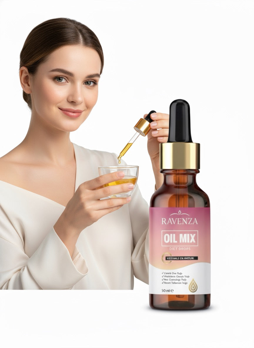 Ravenza Oil Mix Diet Drops - Dieetdruppels met Plantaardige Oliën - Help om af te vallen - Slimming Drops Keto - 50 ml met Zwarte komijn - Kokos - Granaatappel & Lijnzaadolie - 100% Plantaardige Olieblend - 30 dagen Detox
