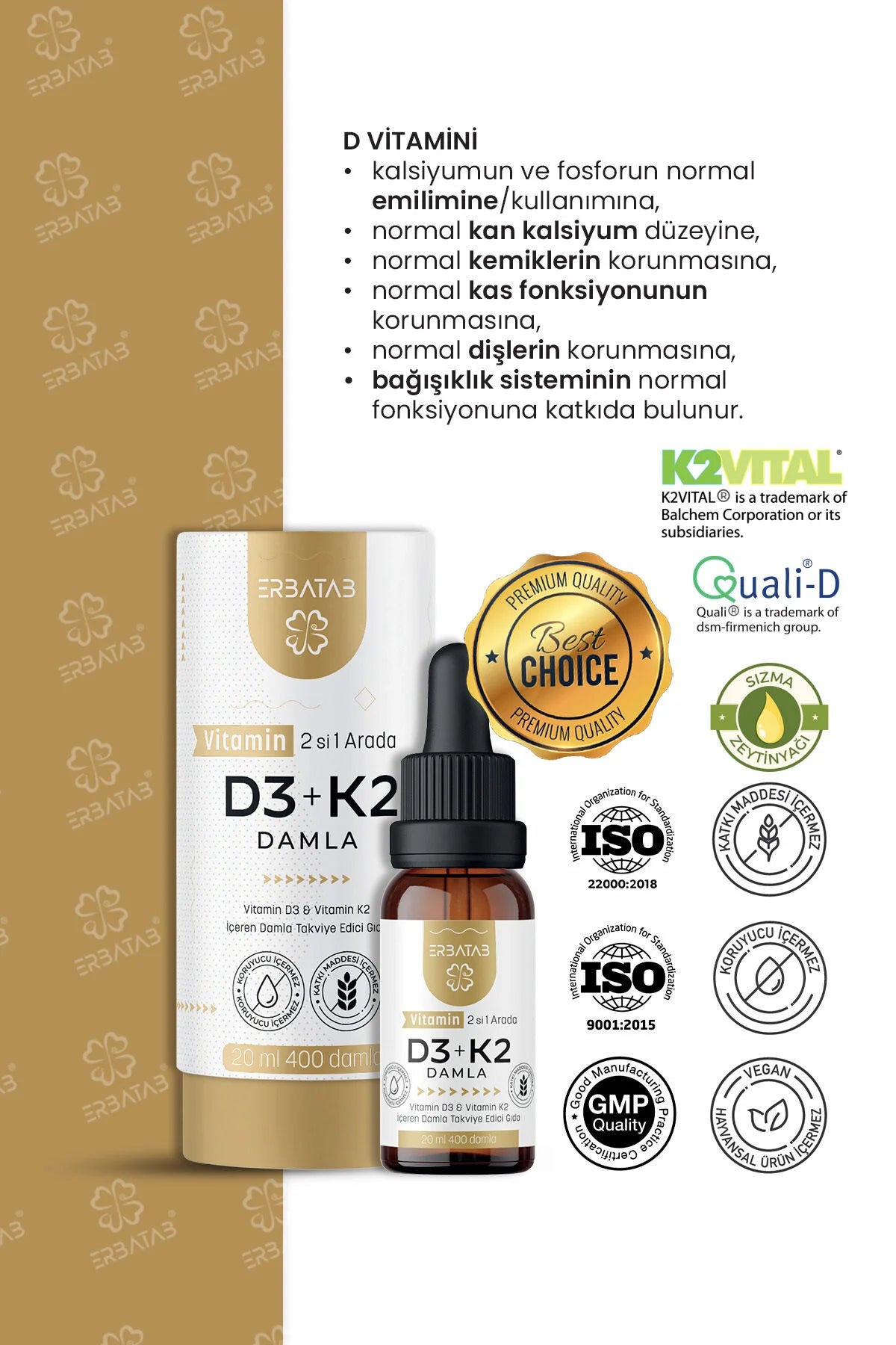 ERBATAB Vitamine D3 + K2 Druppels 2 in 1 - 20 ml & 400 druppels