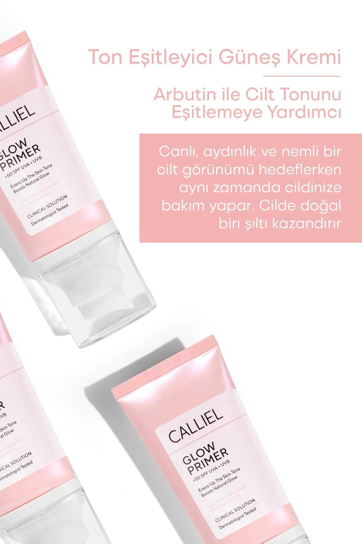 Calliel Glow Primer SPF 50+ UVA+UVB Evens Up Skin Tone Boosts Natural Glow - Toon-egaliserende zonnebrandcreme - Helpt de huidteint met Arbutin Niacinamide & Hyaluronic Acid - Verhelderende & Intensief hydraterende crème Dermatologisch getest 50 ml