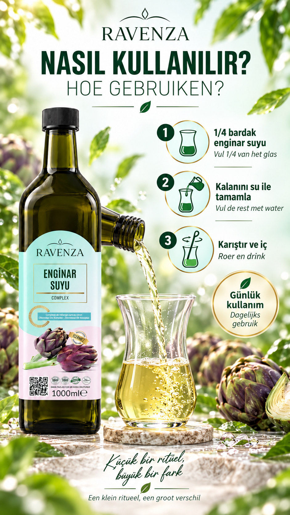 Ravenza Enginar Suyu Complex – Artisjokwater – Geconcentreerde Drank – Zonder Conserveringsmiddelen & Toevoegingen – 1000 ml