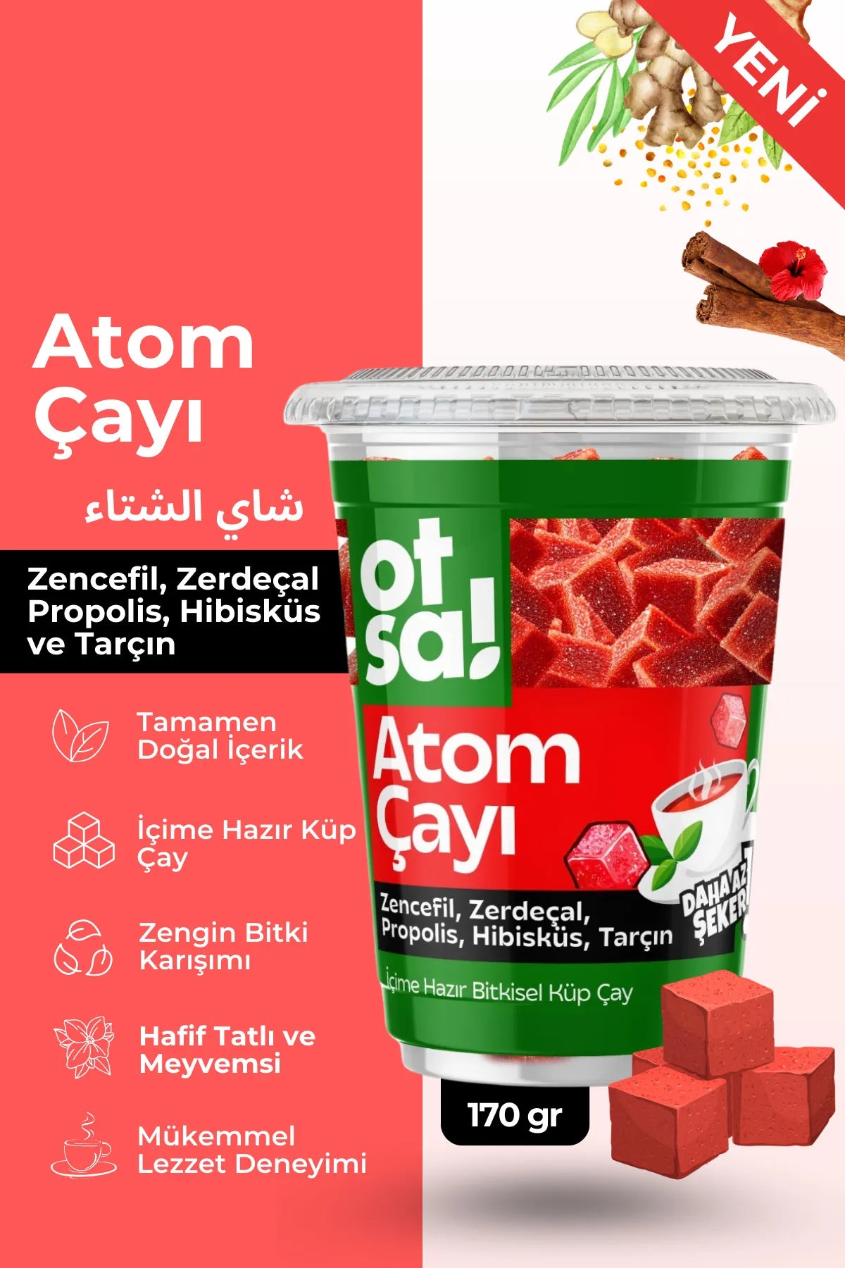 Otsa Atoom Thee - Kruidenblokjesthee - Gemberextract - Hibiscus - Kaneel en Kurkuma Mix - Natuurlijke en Energieke Atoomthee – 170 gr